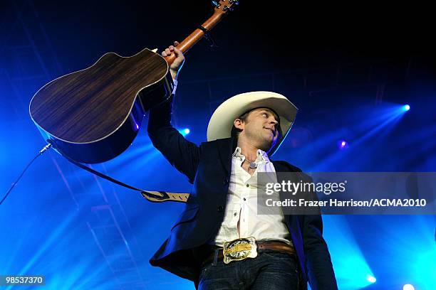 Musician Justin Moore performs onstage at the 45th Annual Academy of Country Music Awards All Star Jam at the MGM Grand Hotel/Casino on April 18,...