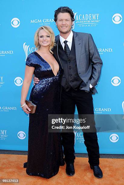 Singer Miranda Lambert and singer Blake Shelton arrive at the 45th Annual Academy Of Country Music Awards at the MGM Grand Garden Arena on April 18,...