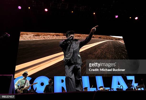 Singer Bobby Womack from the group Gorillaz performs during day 3 of the Coachella Valley Music & Art Festival 2010 held at The Empire Polo Club on...