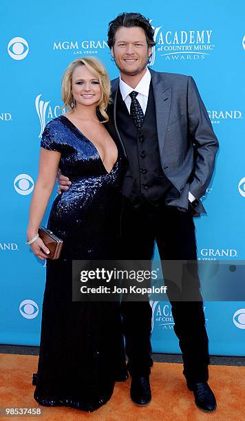 Singer Miranda Lambert and singer Blake Shelton arrive at the 45th Annual Academy Of Country Music Awards at the MGM Grand Garden Arena on April 18,...