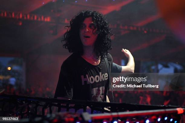 Musician Tom Cunningham of the music group Infected Mushroom performs during day three of the Coachella Valley Music & Arts Festival 2010 held at the...