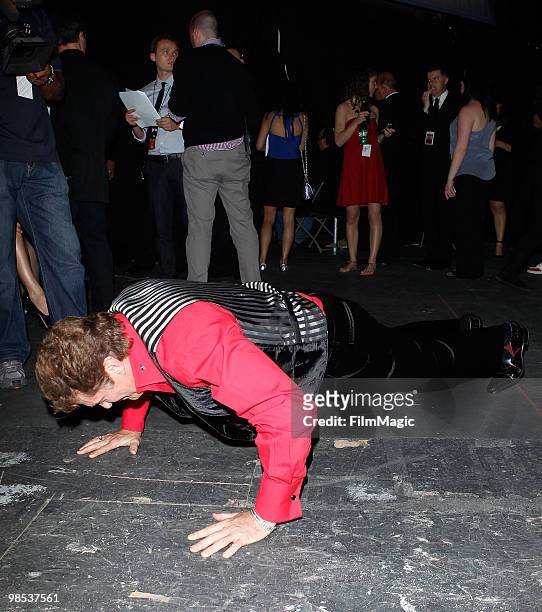 David Hasselhoff does push-ups to warm up for his act onstage at the 8th Annual TV Land Awards held at Sony Pictures Studios on April 17, 2010 in...