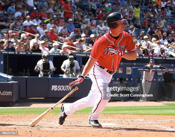 Chipper Jones of the Atlanta Braves hits against the Colorado Rockies at Turner Field on April 18, 2010 in Atlanta, Georgia. The Braves defeated the...