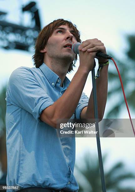 Singer Thomas Mars of the band Phoenix performs during day three of the Coachella Valley Music & Arts Festival 2010 held at the Empire Polo Club on...