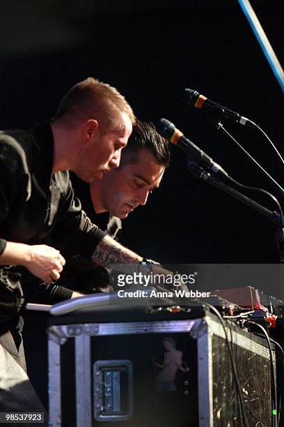 Musicians Christian Karlsson and Pontus Winnberg of the music group Miike Snow perform during day three of the Coachella Valley Music & Arts Festival...