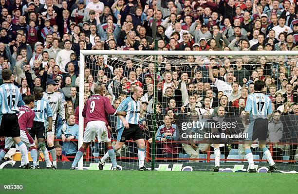 Aston Villa's Juan Pablo Angel scores the equalising second goal during the FA Carling Premier League game between Aston Villa and Coventry City at...