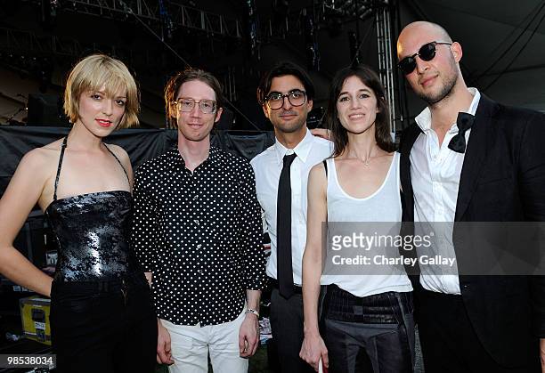Musicians Nicole Moire, Bram Inscore, Amir Yaghmai, Charlotte Gainsbourg and Brian LeBarton pose backstage during day 3 of the Coachella Valley Music...