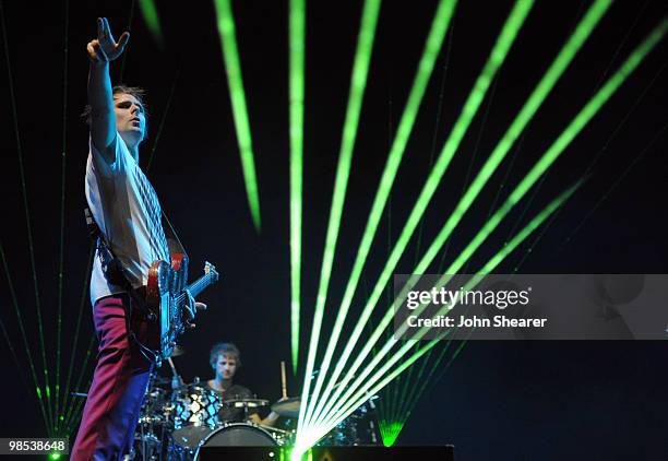 Musician Matthew Bellamy of Muse performs during Day 2 of the Coachella Valley Music & Art Festival 2010 held at the Empire Polo Club on April 17,...