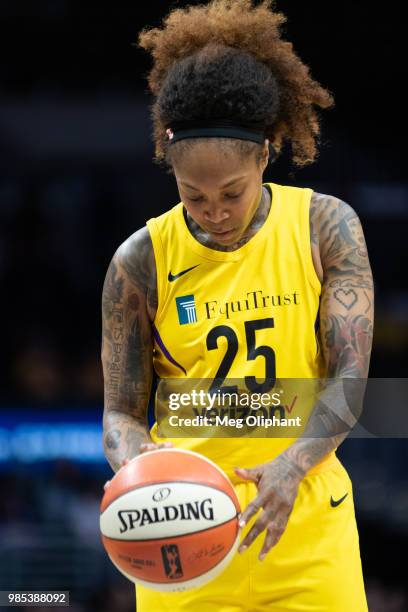 Cappie Pondexter of the Los Angeles Sparks dribbles before a free throw against New York Liberty at Staples Center on June 24, 2018 in Los Angeles,...