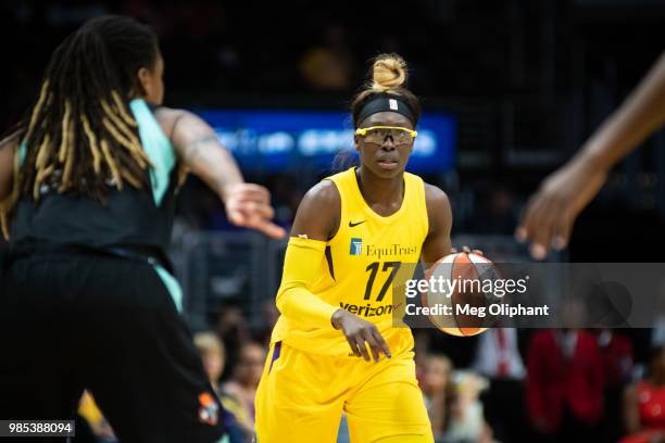 Essence Carson of the Los Angeles Sparks looks to pass against New York Liberty at Staples Center on June 24, 2018 in Los Angeles, California. NOTE...