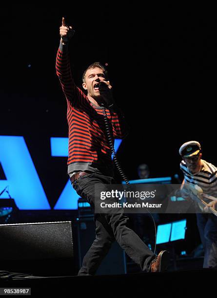 Damon Albarn of The Gorillaz performs during the Day 3 of the Coachella Valley Music & Arts Festival 2010 at the Empire Polo Field on April 18, 2010...