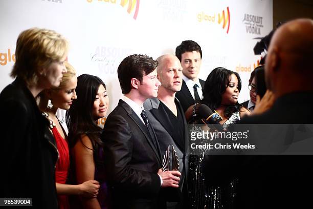Actors Jane Lynch, Dianna Agron, Jenna Ushkowitz, Chris Colfer, Glee show creator Ryan Murphy, Cory Monteith and Amber Riley backstage at the 21st...