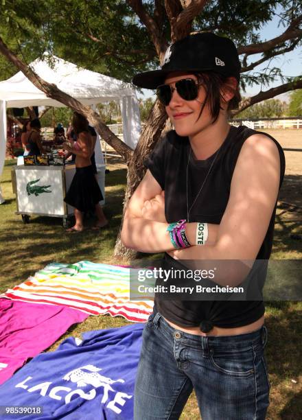 Actress Kristen Stewart attends the LACOSTE Pool Party during the 2010 Coachella Valley Music & Arts Festival on April 18, 2010 in Indio, California.