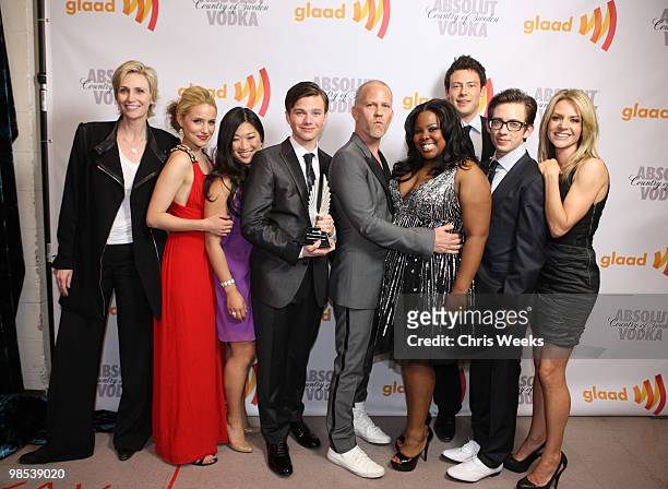 Jane Lynch, Dianna Agron, Jenna Ushkowitz, Chris Colfer, Ryan Murphy, Amber Riley, Cory Monteith, Kevin McHale and Jessalyn Gilsig backstage at the...