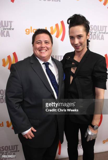 Chaz Bono and Olympic figure skater Johnny Weir pose backstage at the 21st Annual GLAAD Media Awards held at Hyatt Regency Century Plaza Hotel on...