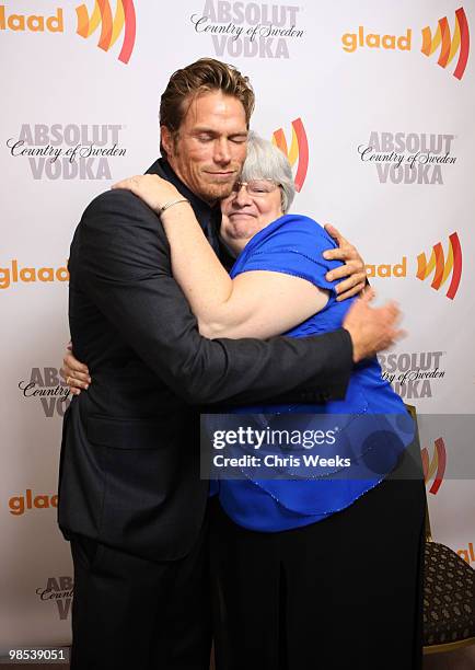 Actor Jason Lewis and advocate Elke Kennedy backstage at the 21st Annual GLAAD Media Awards held at Hyatt Regency Century Plaza Hotel on April 17,...