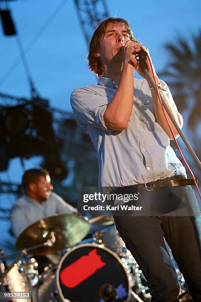 Singer Thomas Mars of the band Phoenix performs during day three of the Coachella Valley Music & Arts Festival 2010 held at the Empire Polo Club on...