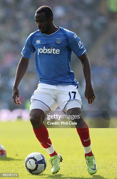 John Utaka of Portsmouth in action during the Barclays Premier League match between Portsmouth and Aston Villa at Fratton Park on April 18, 2010 in...