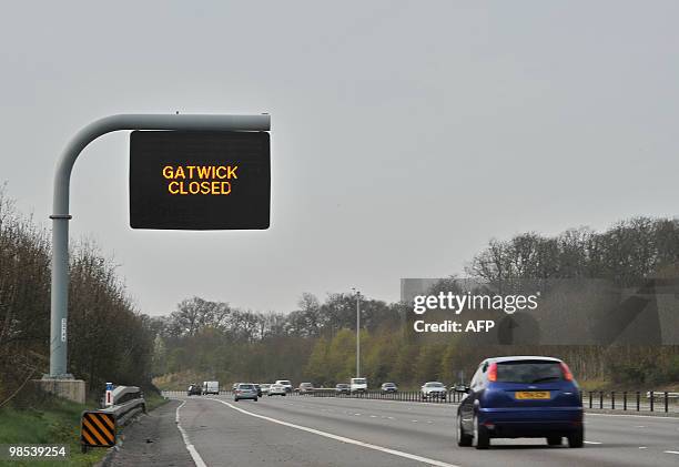 Sign over the M23 motorway in West Sussex, on April 19 announces that Gatwick Airport is closed following air travel disruption caused by an erupting...