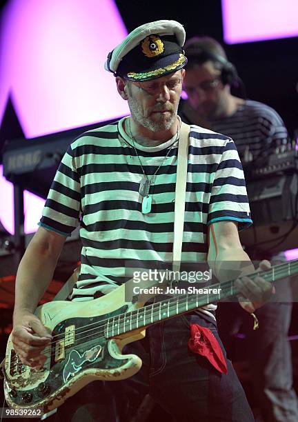 Musician Mick Jones performs with the Gorillaz at Day 3 of the Coachella Valley Music & Art Festival 2010 held at the Empire Polo Club on April 18,...