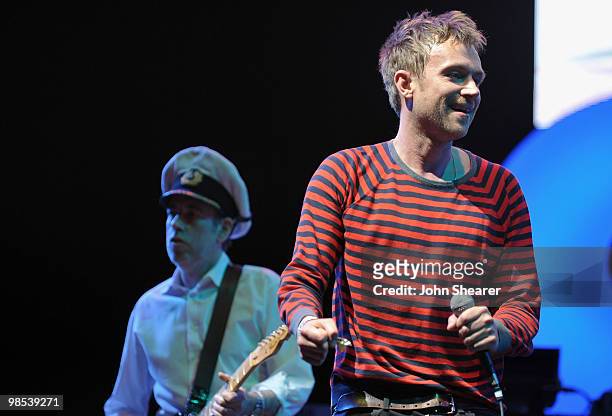 Musician Mike Jones and singer Damon Albarn of The Gorillaz perform during Day 3 of the Coachella Valley Music & Art Festival 2010 held at the Empire...