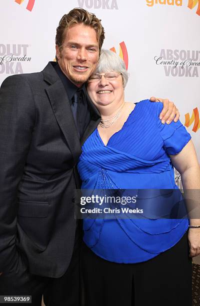 Actor Jason Lewis and advocate Elke Kennedy backstage at the 21st Annual GLAAD Media Awards held at Hyatt Regency Century Plaza Hotel on April 17,...