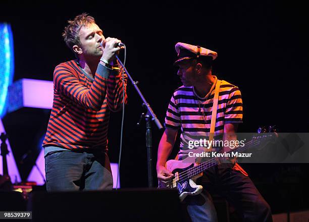 Damon Albarn and Paul Simonon of The Gorillaz perform during the Day 3 of the Coachella Valley Music & Arts Festival 2010 at the Empire Polo Field on...