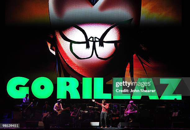 Musical group Gorillaz perform during Day 3 of the Coachella Valley Music & Art Festival 2010 held at the Empire Polo Club on April 18, 2010 in...