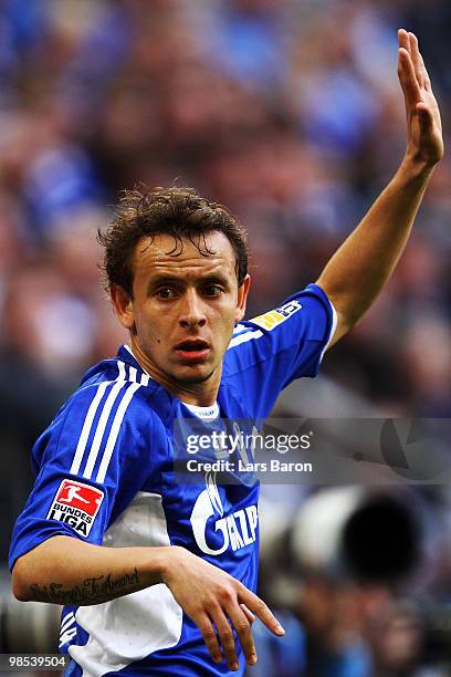 Rafinha of Schalke gestures during the Bundesliga match between FC Schalke 04 and Borussia Moenchengladbach at Veltins Arena on April 17 in...