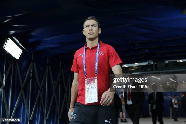 Stephan Lichtsteiner of Switzerland walks out for a pitch inspection prior to the 2018 FIFA World Cup Russia group E match between Switzerland and...