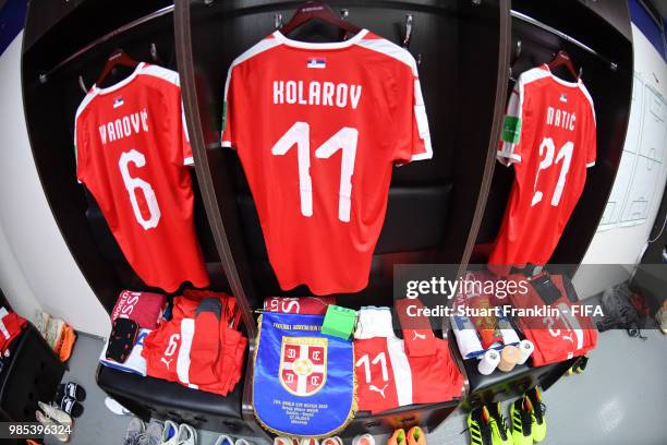 Branislav Ivanovic, Aleksandar Kolarov and Nemanja Matic of Serbia shirts hang inside the Serbia dressing room prior to the 2018 FIFA World Cup...