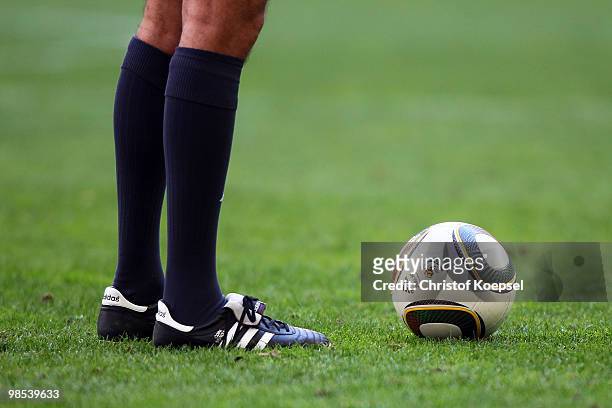 Referee is seen with a football before the Bundesliga match between FC Schalke 04 and Borussia Moenchengladbach at the Veltins Arena on March 17,...