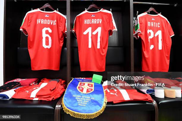 Branislav Ivanovic, Aleksandar Kolarov and Nemanja Matic of Serbia shirts hang inside the Serbia dressing room prior to the 2018 FIFA World Cup...