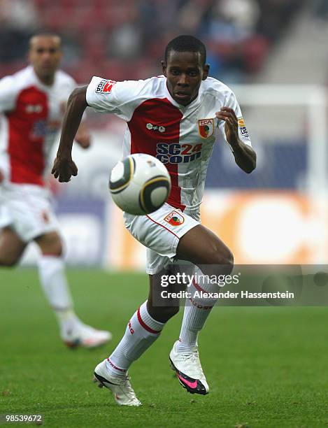 Ibrahim Traore of Augsburg runs with the ball during the Second Bundesliga match between FC Augsburg and MSV Duisburg at Impuls Arena on April 16,...