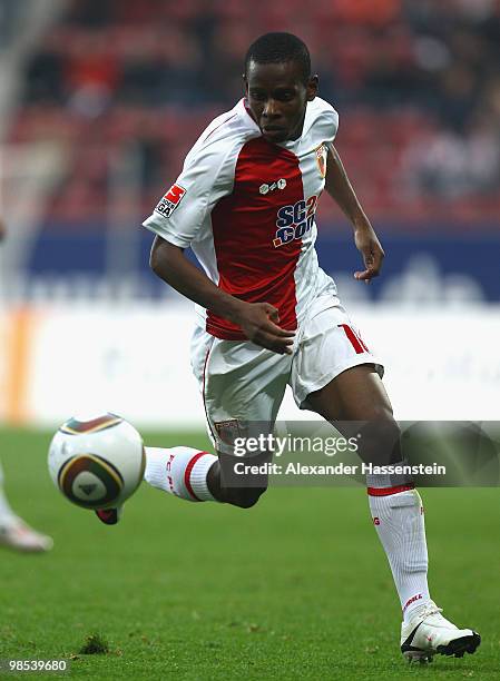 Ibrahim Traore of Augsburg runs with the ball during the Second Bundesliga match between FC Augsburg and MSV Duisburg at Impuls Arena on April 16,...