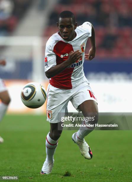 Ibrahim Traore of Augsburg runs with the ball during the Second Bundesliga match between FC Augsburg and MSV Duisburg at Impuls Arena on April 16,...
