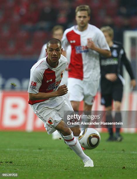 Marcel Ndjeng of Augsburg runs with the ball during the Second Bundesliga match between FC Augsburg and MSV Duisburg at Impuls Arena on April 16,...