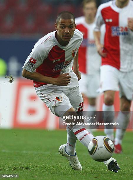 Marcel Ndjeng of Augsburg runs with the ball during the Second Bundesliga match between FC Augsburg and MSV Duisburg at Impuls Arena on April 16,...