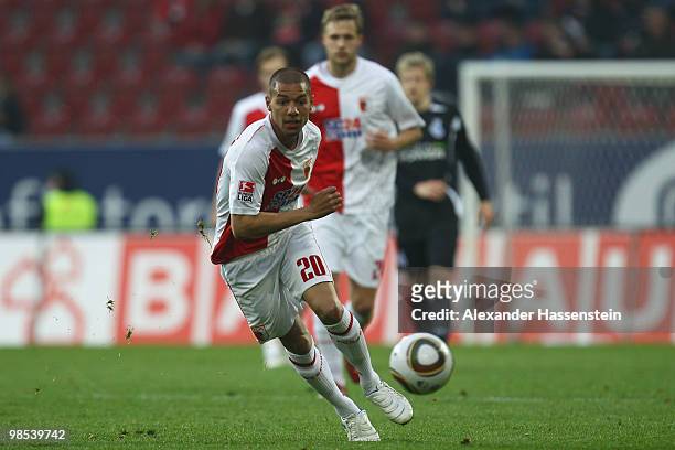 Marcel Ndjeng of Augsburg runs with the ball during the Second Bundesliga match between FC Augsburg and MSV Duisburg at Impuls Arena on April 16,...