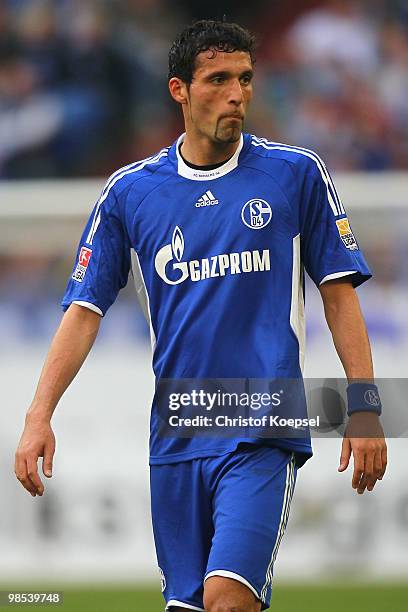 Kevin Kuranyi of Schalke looks dejected during the Bundesliga match between FC Schalke 04 and Borussia Moenchengladbach at the Veltins Arena on March...