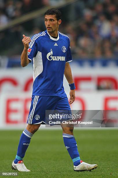 Kevin Kuranyi of Schalke issues instructions during the Bundesliga match between FC Schalke 04 and Borussia Moenchengladbach at the Veltins Arena on...