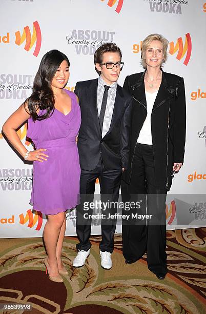 Actors Jenna Ushkowitz, Kevin McHale and Jane Lynch arrive at the 21st Annual GLAAD Media Awards at Hyatt Regency Century Plaza on April 17, 2010 in...