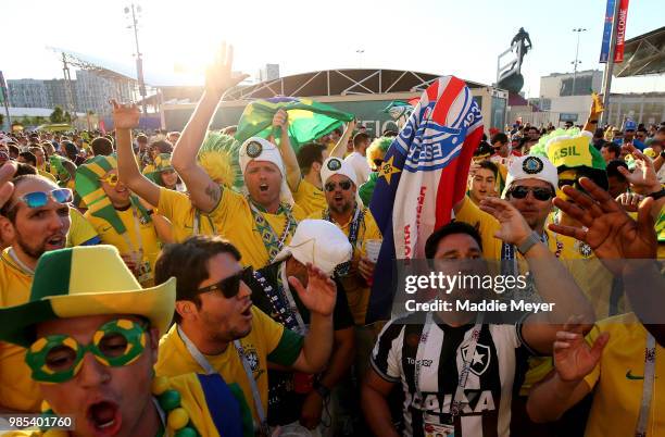 Brazil fans enjoy the pre match atmosphere prior to the 2018 FIFA World Cup Russia group E match between Serbia and Brazil at Spartak Stadium on June...