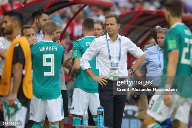 Oliver Bierhoff, team manager of Germany looks dejected following his sides defeat in the 2018 FIFA World Cup Russia group F match between Korea...