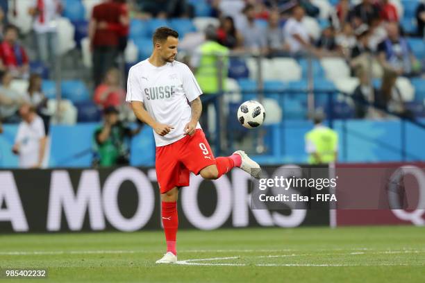 Haris Seferovic of Switzerland warms up prior to the 2018 FIFA World Cup Russia group E match between Switzerland and Costa Rica at Nizhny Novgorod...