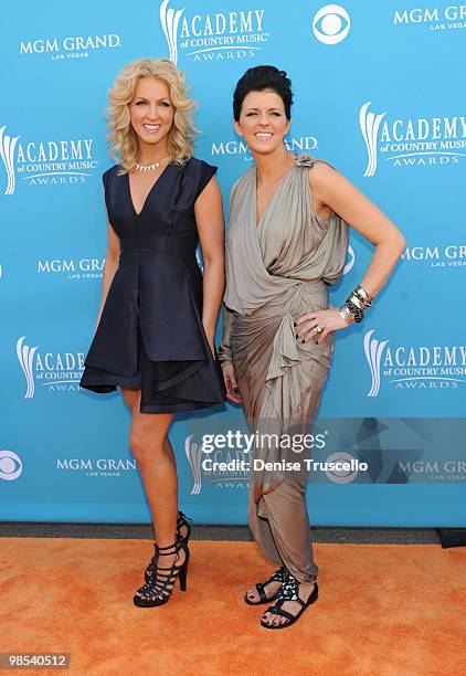 Musician Kimberly Roads Schlapman and Karen Fairchild of Little Big Town arrive for the 45th Annual Academy of Country Music Awards at the MGM Grand...