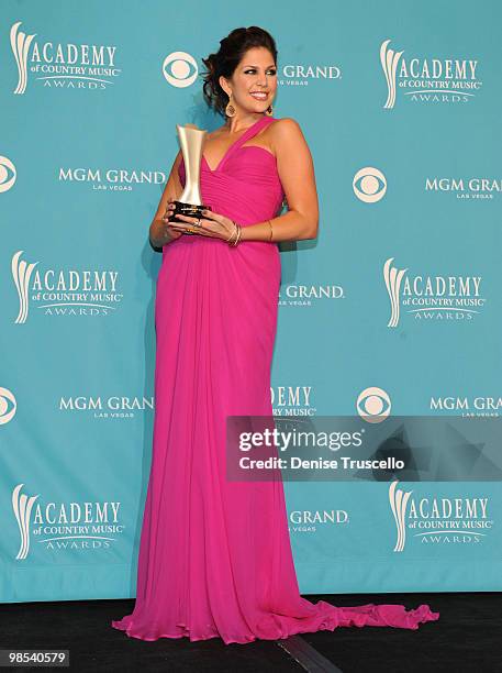 Singer Hillary Scott of the band Lady Antebellum, winner of Song of the Year, poses in the press room during the 45th Annual Academy of Country Music...