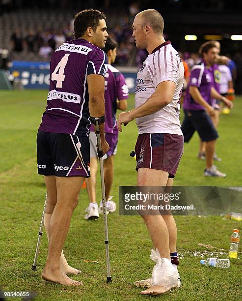 Greg Inglis of the Storm speaks with Matt Cross of the Sea Eagles after the round six NRL match between the Melbourne Storm and the Manly Sea Eagles...