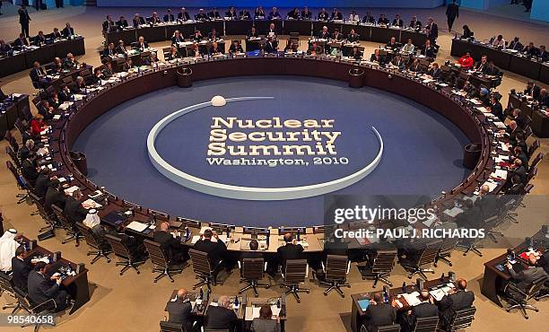 President Barack Obama hosts 46 visiting leaders at the start of the plenary session of the Nuclear Security Summit April 13 in Washington, DC. The...