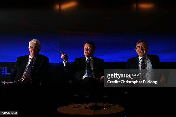British Prime Minister Gordon Brown , business secretary Lord Mandelson and Chancellor of The Exchequer Alistair Darling attend a press conference to...